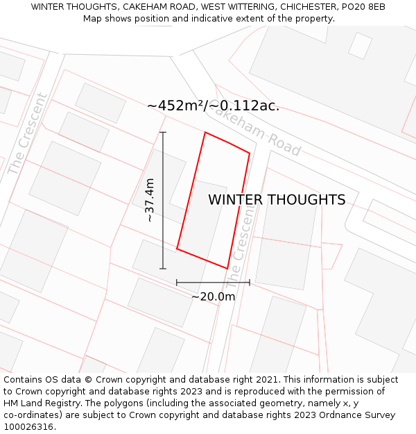 WINTER THOUGHTS, CAKEHAM ROAD, WEST WITTERING, CHICHESTER, PO20 8EB: Plot and title map