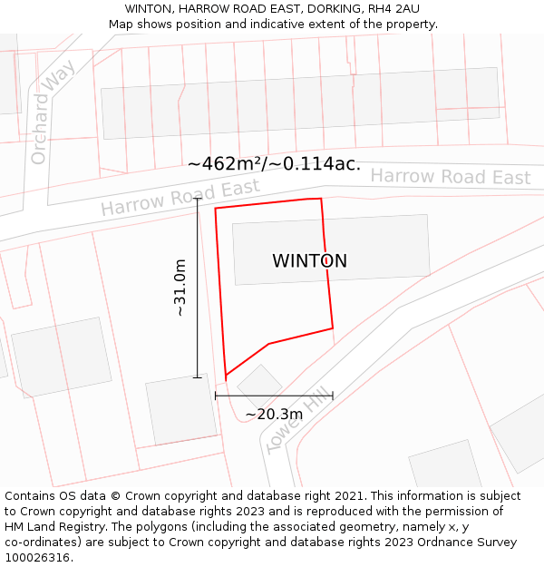 WINTON, HARROW ROAD EAST, DORKING, RH4 2AU: Plot and title map