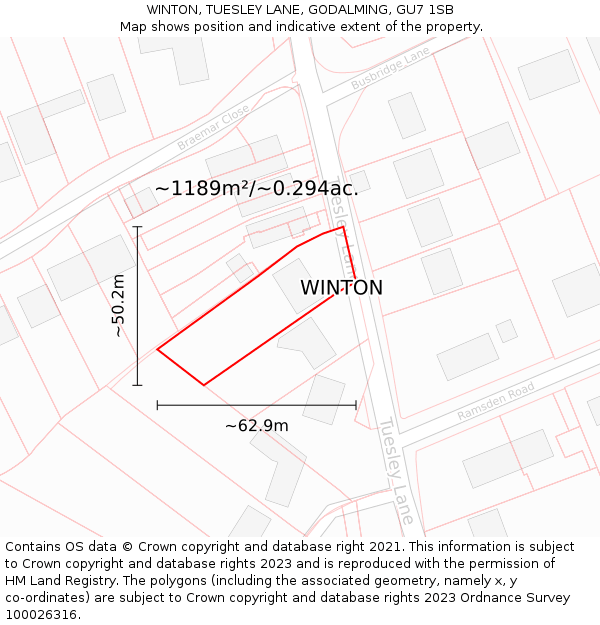WINTON, TUESLEY LANE, GODALMING, GU7 1SB: Plot and title map
