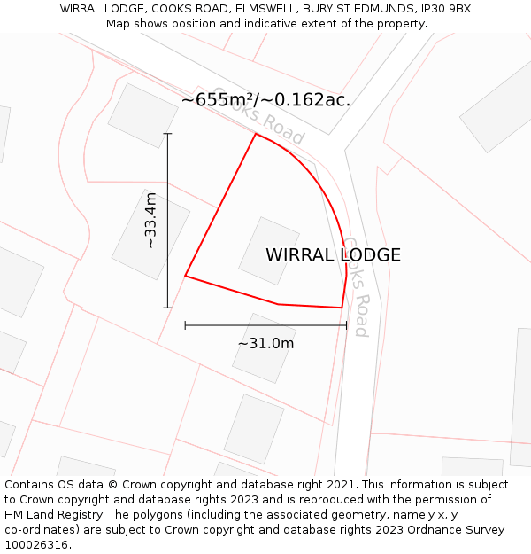 WIRRAL LODGE, COOKS ROAD, ELMSWELL, BURY ST EDMUNDS, IP30 9BX: Plot and title map