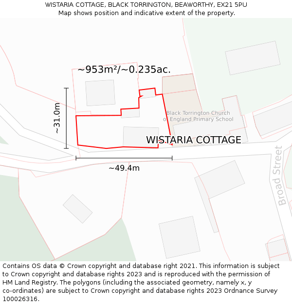 WISTARIA COTTAGE, BLACK TORRINGTON, BEAWORTHY, EX21 5PU: Plot and title map