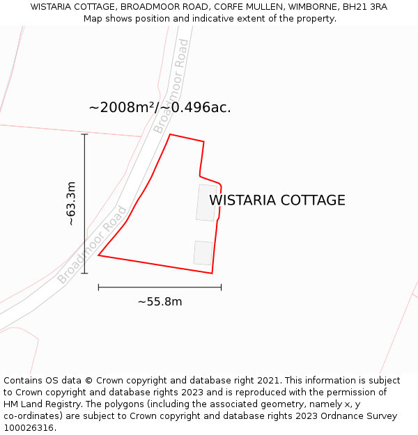 WISTARIA COTTAGE, BROADMOOR ROAD, CORFE MULLEN, WIMBORNE, BH21 3RA: Plot and title map