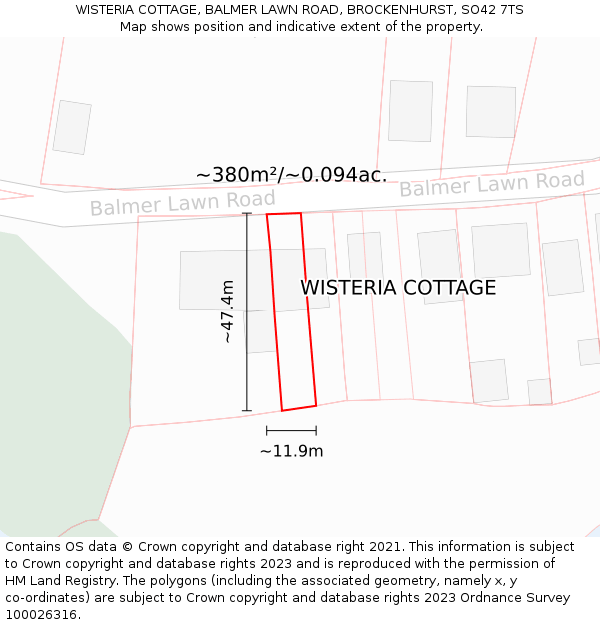WISTERIA COTTAGE, BALMER LAWN ROAD, BROCKENHURST, SO42 7TS: Plot and title map
