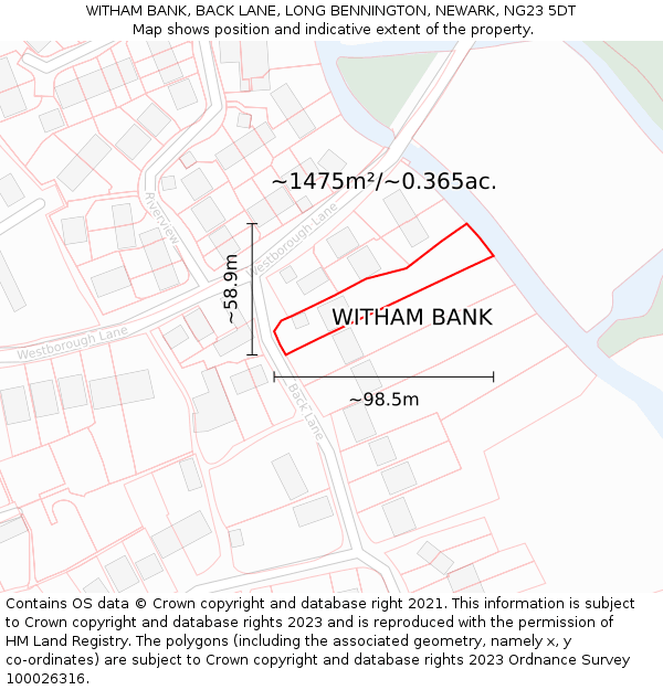 WITHAM BANK, BACK LANE, LONG BENNINGTON, NEWARK, NG23 5DT: Plot and title map