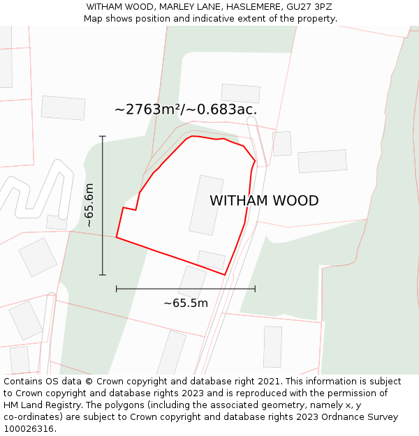 WITHAM WOOD, MARLEY LANE, HASLEMERE, GU27 3PZ: Plot and title map