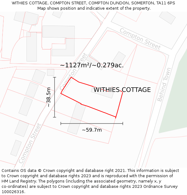 WITHIES COTTAGE, COMPTON STREET, COMPTON DUNDON, SOMERTON, TA11 6PS: Plot and title map