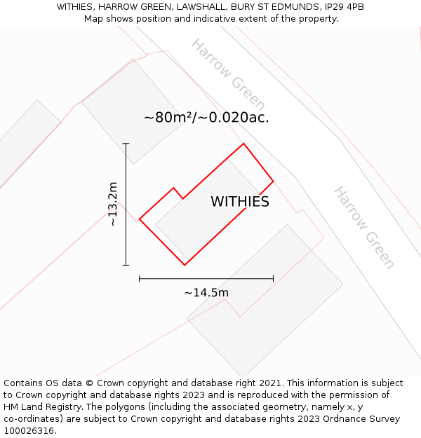 WITHIES, HARROW GREEN, LAWSHALL, BURY ST EDMUNDS, IP29 4PB: Plot and title map