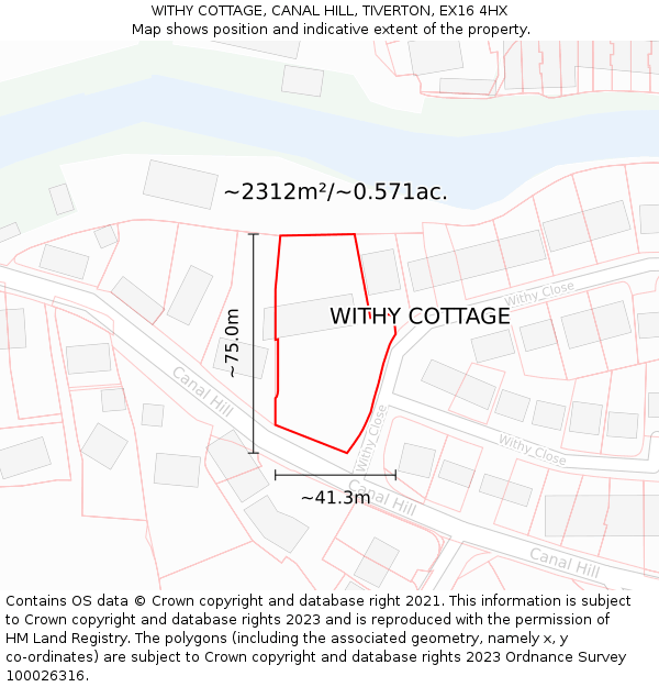 WITHY COTTAGE, CANAL HILL, TIVERTON, EX16 4HX: Plot and title map