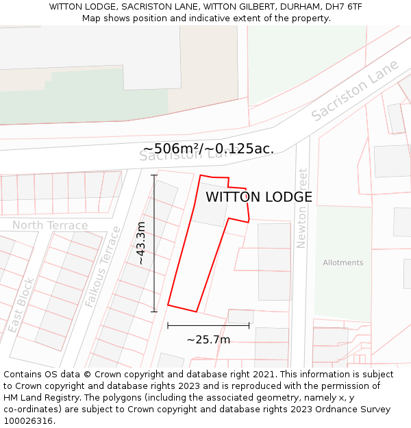 WITTON LODGE, SACRISTON LANE, WITTON GILBERT, DURHAM, DH7 6TF: Plot and title map