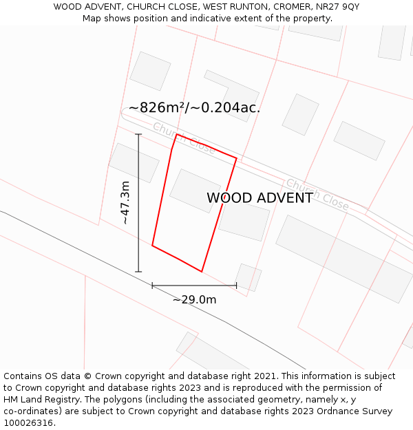 WOOD ADVENT, CHURCH CLOSE, WEST RUNTON, CROMER, NR27 9QY: Plot and title map