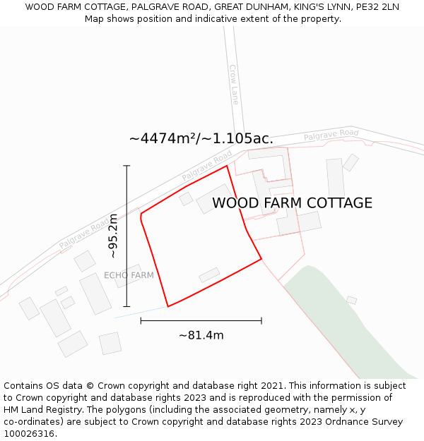 WOOD FARM COTTAGE, PALGRAVE ROAD, GREAT DUNHAM, KING'S LYNN, PE32 2LN: Plot and title map
