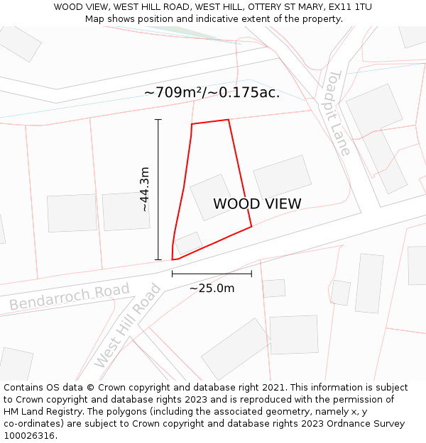 WOOD VIEW, WEST HILL ROAD, WEST HILL, OTTERY ST MARY, EX11 1TU: Plot and title map