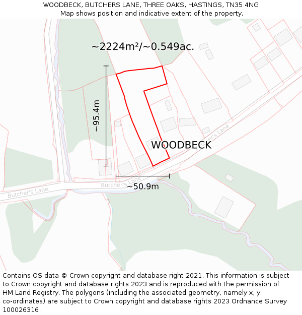 WOODBECK, BUTCHERS LANE, THREE OAKS, HASTINGS, TN35 4NG: Plot and title map