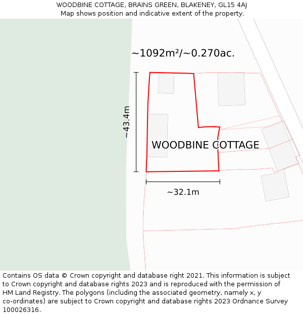 WOODBINE COTTAGE, BRAINS GREEN, BLAKENEY, GL15 4AJ: Plot and title map