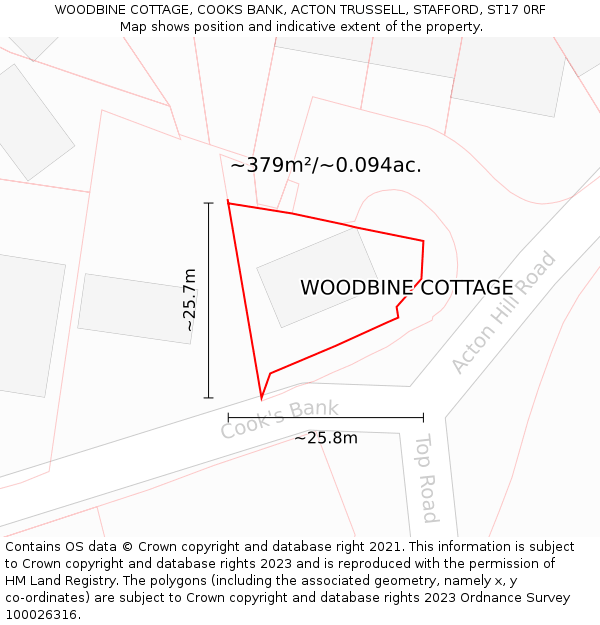 WOODBINE COTTAGE, COOKS BANK, ACTON TRUSSELL, STAFFORD, ST17 0RF: Plot and title map