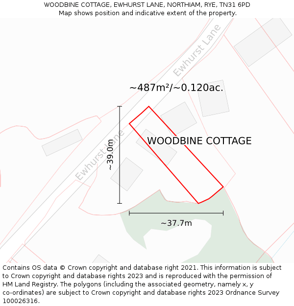 WOODBINE COTTAGE, EWHURST LANE, NORTHIAM, RYE, TN31 6PD: Plot and title map