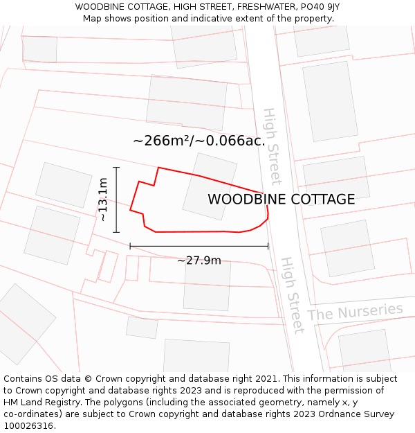 WOODBINE COTTAGE, HIGH STREET, FRESHWATER, PO40 9JY: Plot and title map