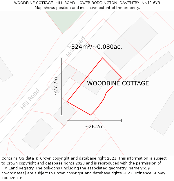 WOODBINE COTTAGE, HILL ROAD, LOWER BODDINGTON, DAVENTRY, NN11 6YB: Plot and title map