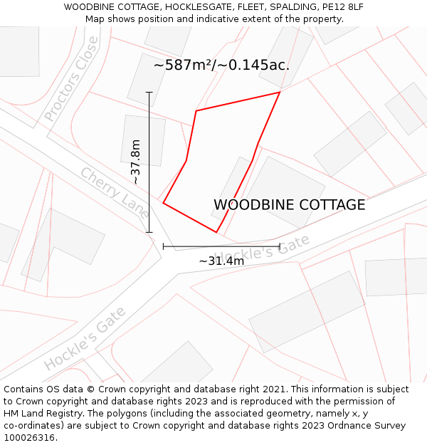 WOODBINE COTTAGE, HOCKLESGATE, FLEET, SPALDING, PE12 8LF: Plot and title map