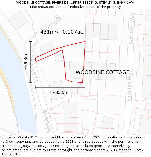 WOODBINE COTTAGE, RIVERSIDE, UPPER BEEDING, STEYNING, BN44 3HW: Plot and title map