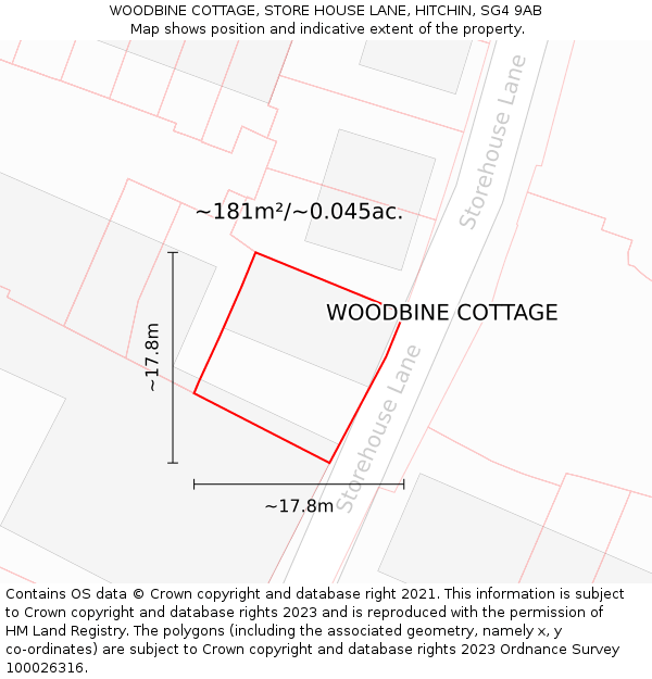 WOODBINE COTTAGE, STORE HOUSE LANE, HITCHIN, SG4 9AB: Plot and title map