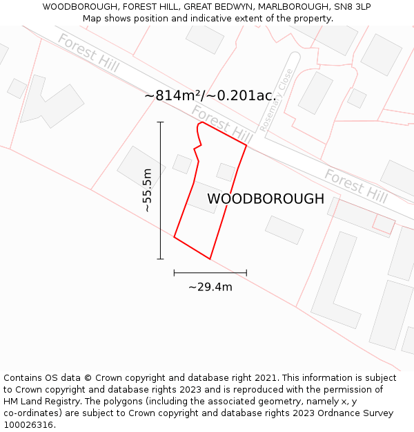 WOODBOROUGH, FOREST HILL, GREAT BEDWYN, MARLBOROUGH, SN8 3LP: Plot and title map