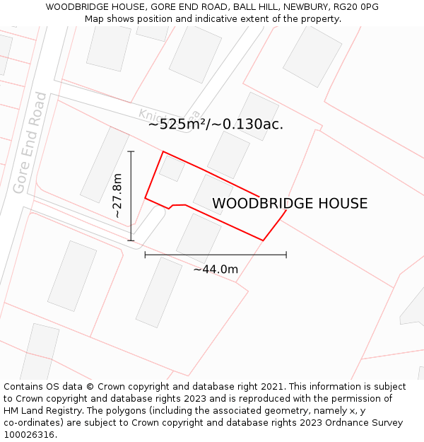 WOODBRIDGE HOUSE, GORE END ROAD, BALL HILL, NEWBURY, RG20 0PG: Plot and title map