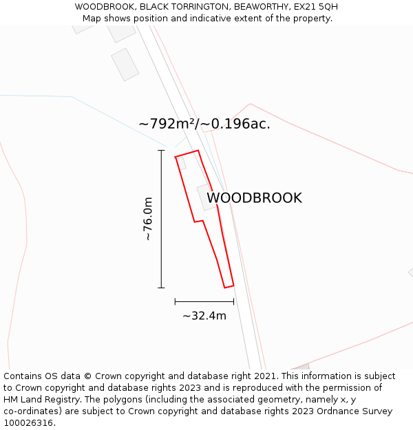 WOODBROOK, BLACK TORRINGTON, BEAWORTHY, EX21 5QH: Plot and title map