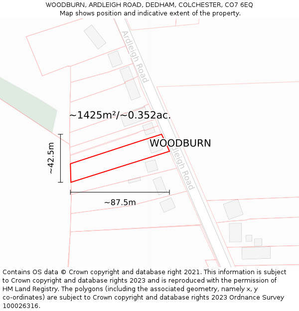 WOODBURN, ARDLEIGH ROAD, DEDHAM, COLCHESTER, CO7 6EQ: Plot and title map