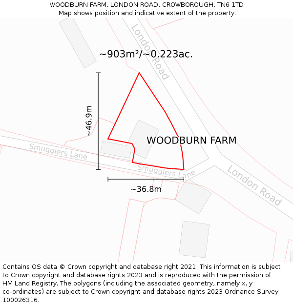 WOODBURN FARM, LONDON ROAD, CROWBOROUGH, TN6 1TD: Plot and title map