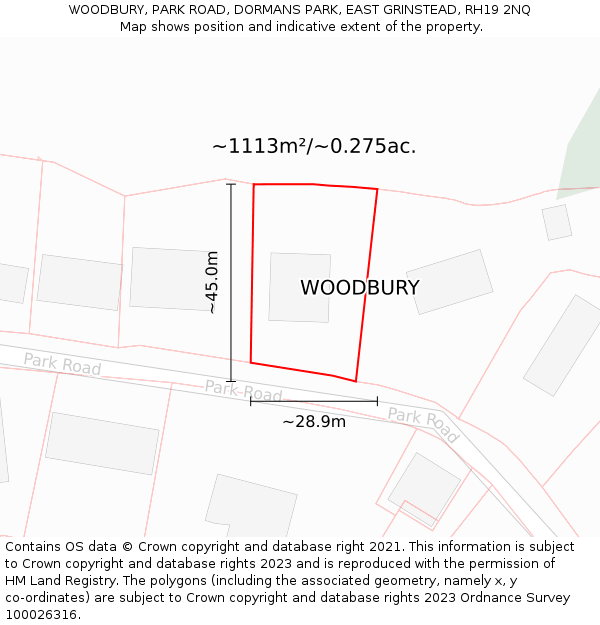 WOODBURY, PARK ROAD, DORMANS PARK, EAST GRINSTEAD, RH19 2NQ: Plot and title map