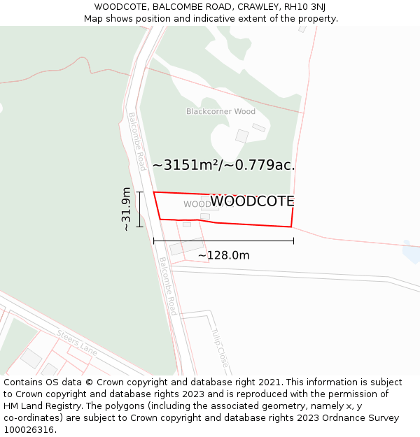 WOODCOTE, BALCOMBE ROAD, CRAWLEY, RH10 3NJ: Plot and title map