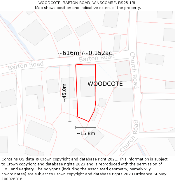 WOODCOTE, BARTON ROAD, WINSCOMBE, BS25 1BL: Plot and title map