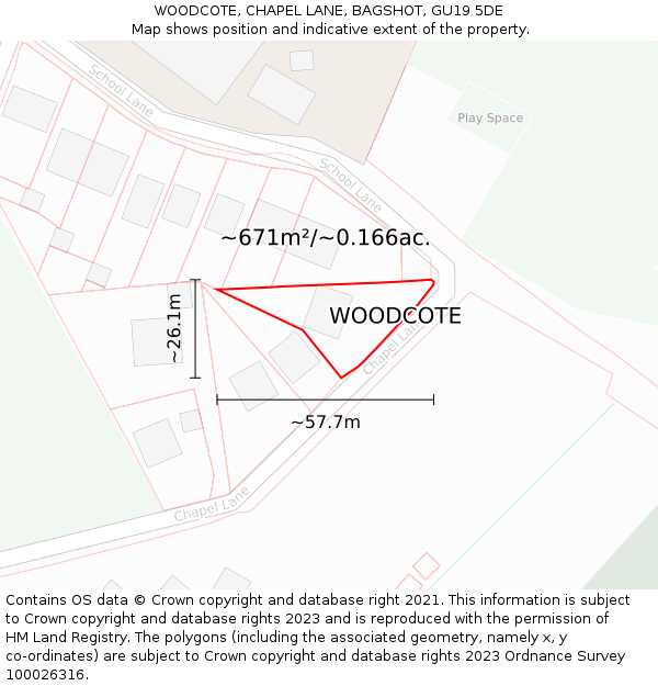WOODCOTE, CHAPEL LANE, BAGSHOT, GU19 5DE: Plot and title map
