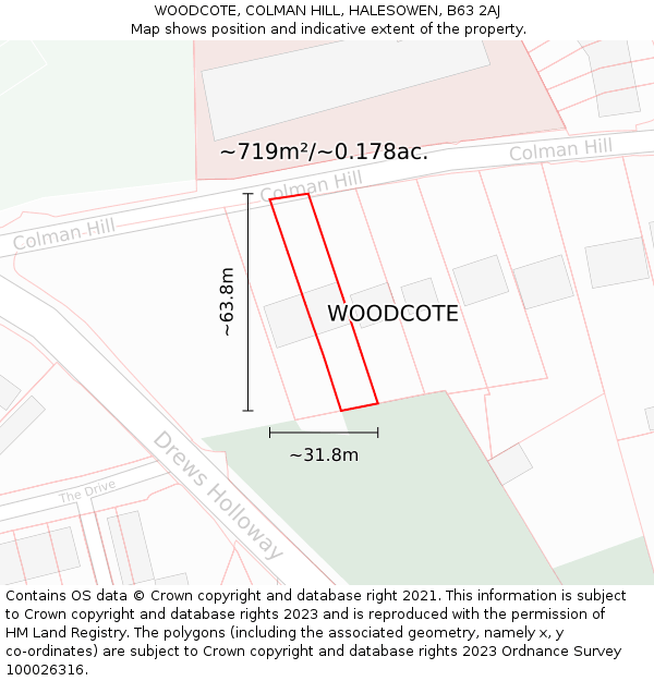 WOODCOTE, COLMAN HILL, HALESOWEN, B63 2AJ: Plot and title map