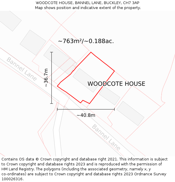 WOODCOTE HOUSE, BANNEL LANE, BUCKLEY, CH7 3AP: Plot and title map