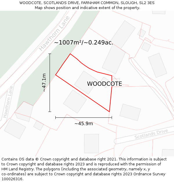 WOODCOTE, SCOTLANDS DRIVE, FARNHAM COMMON, SLOUGH, SL2 3ES: Plot and title map