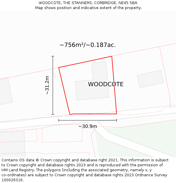 WOODCOTE, THE STANNERS, CORBRIDGE, NE45 5BA: Plot and title map