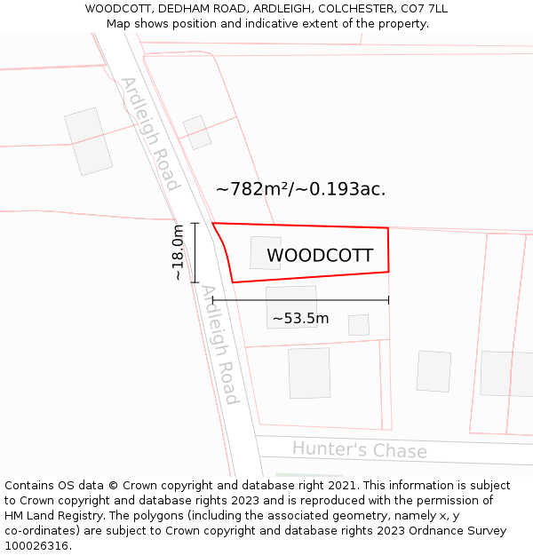 WOODCOTT, DEDHAM ROAD, ARDLEIGH, COLCHESTER, CO7 7LL: Plot and title map