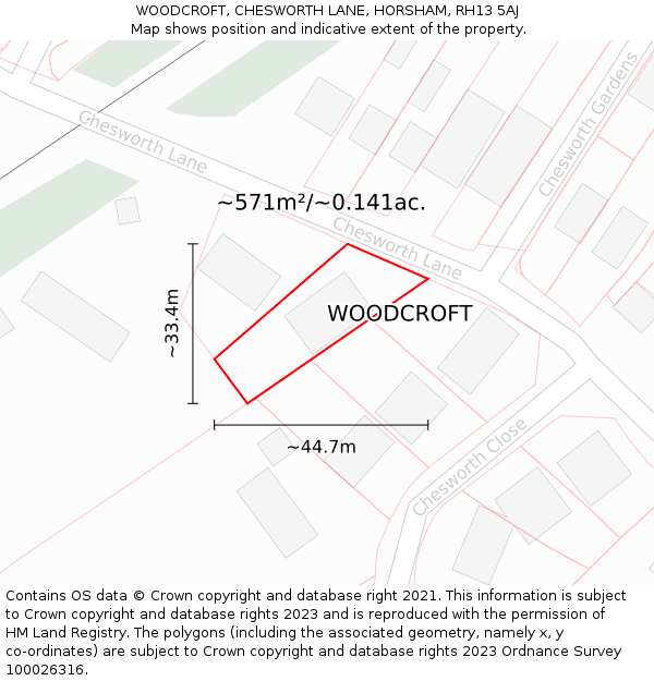WOODCROFT, CHESWORTH LANE, HORSHAM, RH13 5AJ: Plot and title map