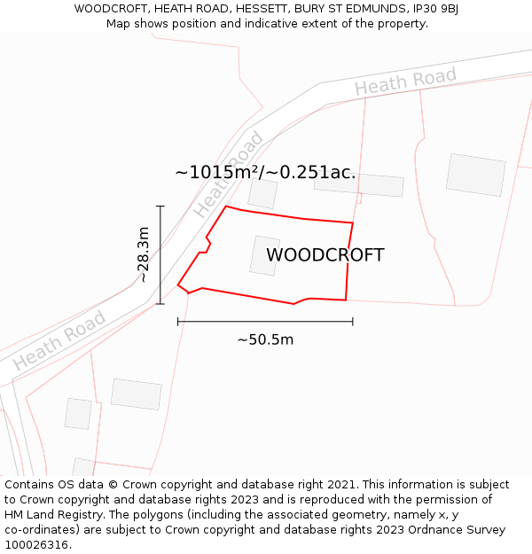 WOODCROFT, HEATH ROAD, HESSETT, BURY ST EDMUNDS, IP30 9BJ: Plot and title map