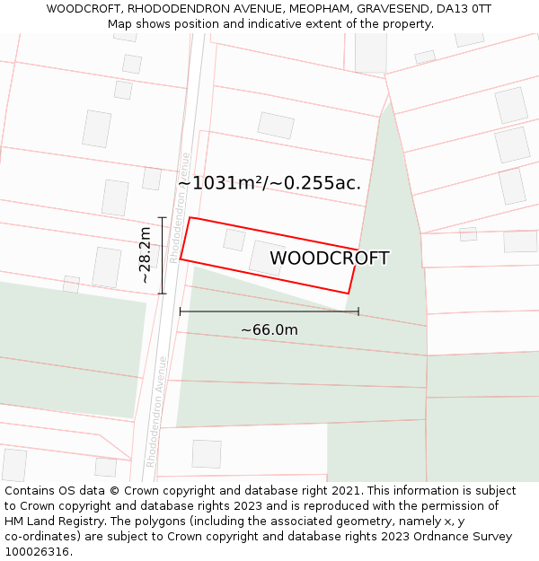 WOODCROFT, RHODODENDRON AVENUE, MEOPHAM, GRAVESEND, DA13 0TT: Plot and title map