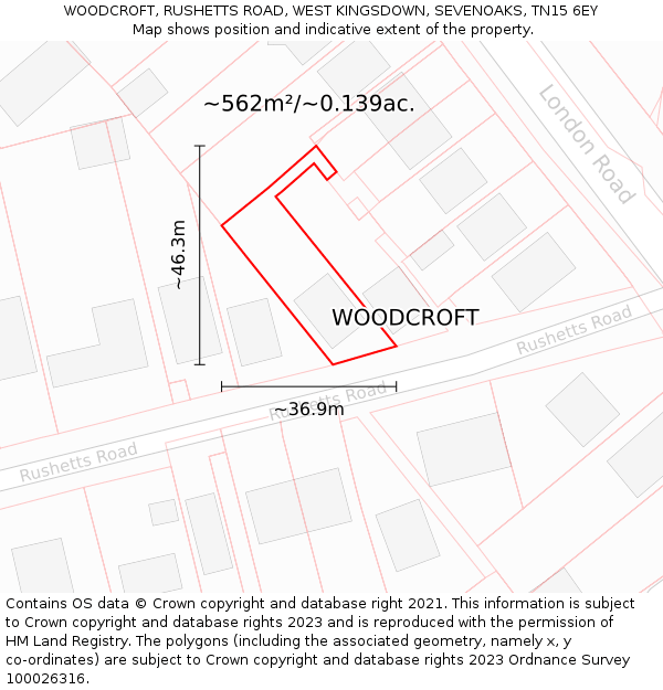 WOODCROFT, RUSHETTS ROAD, WEST KINGSDOWN, SEVENOAKS, TN15 6EY: Plot and title map