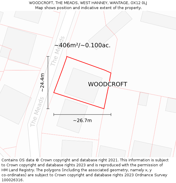 WOODCROFT, THE MEADS, WEST HANNEY, WANTAGE, OX12 0LJ: Plot and title map