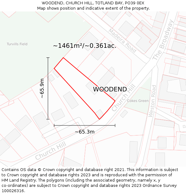 WOODEND, CHURCH HILL, TOTLAND BAY, PO39 0EX: Plot and title map