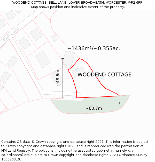 WOODEND COTTAGE, BELL LANE, LOWER BROADHEATH, WORCESTER, WR2 6RR: Plot and title map