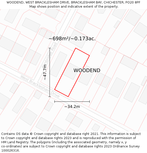 WOODEND, WEST BRACKLESHAM DRIVE, BRACKLESHAM BAY, CHICHESTER, PO20 8PF: Plot and title map