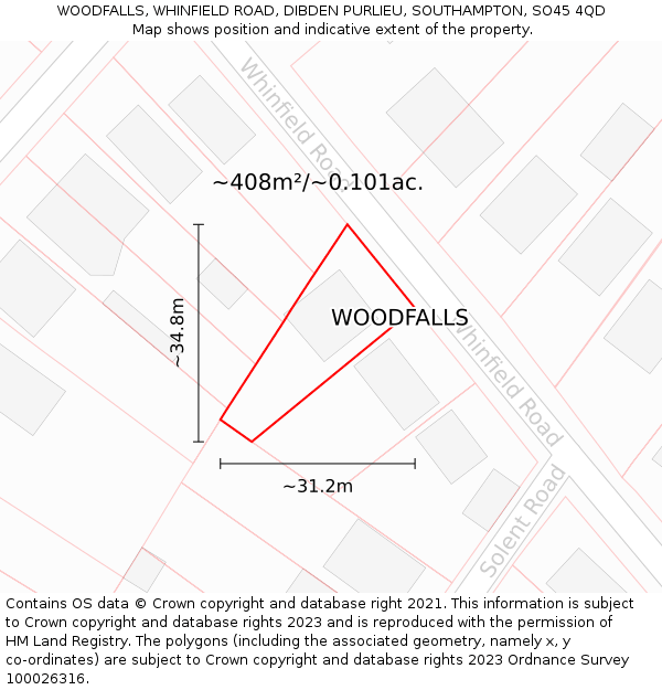 WOODFALLS, WHINFIELD ROAD, DIBDEN PURLIEU, SOUTHAMPTON, SO45 4QD: Plot and title map