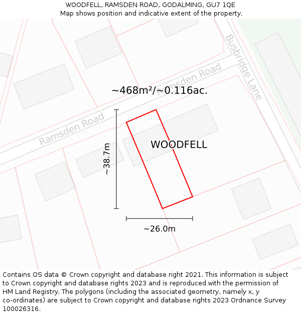 WOODFELL, RAMSDEN ROAD, GODALMING, GU7 1QE: Plot and title map