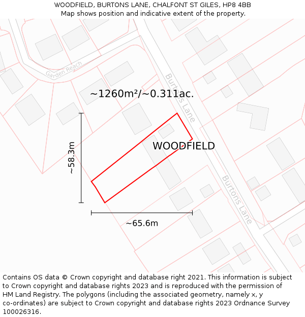 WOODFIELD, BURTONS LANE, CHALFONT ST GILES, HP8 4BB: Plot and title map
